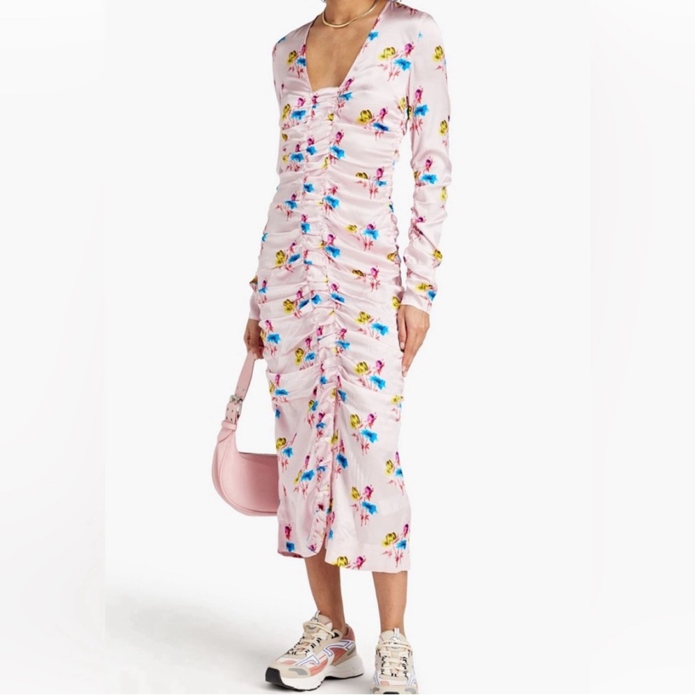 Ganni Floral Ruched Dress in Pink and Blue